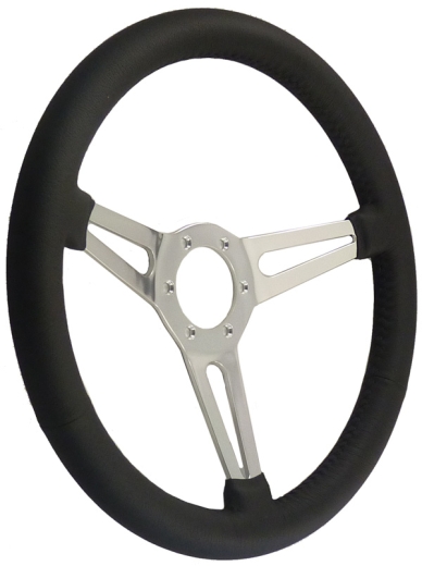STEERING WHEEL THREE SPOKES PLAIN BLACK LEATHER 380mm,HORN BUTTON HOLE 60mm,FIXING HOLES 74mm, WITHOUT MOT