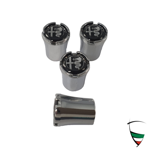 VALVE CAP SET METAL CHROME PLAIN ALFA ROMEO EMBLEM BLACK/WHITE