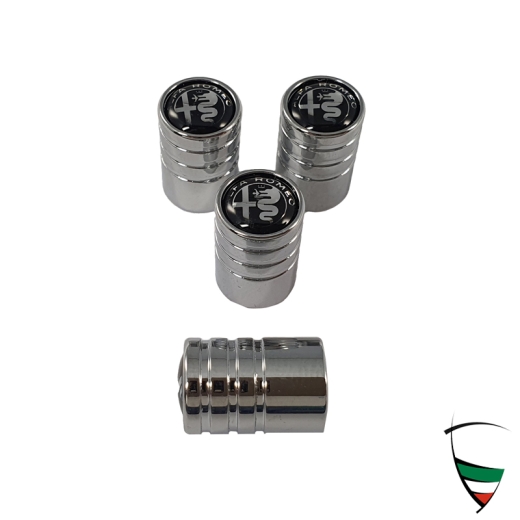 VALVE CAP SET METAL CHROME CYLINDRICAL ALFA ROMEO EMBLEM BLACK/WHITE