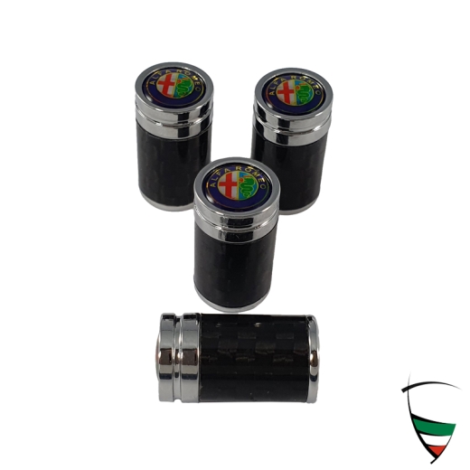 VALVE CAP SET METAL CHROME CYLINDRICAL ALFA ROMEO EMBLEM COLORED