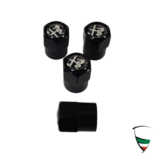 Set tappi valvola metallo nero esagono Emblema Alfa Romeo bianco/nero