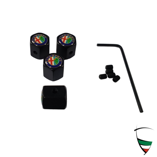 VALVE CAP SET METAL BLACK HEXAGON ANTI-THEFT ALFA ROMEO EMBLEM COLORED