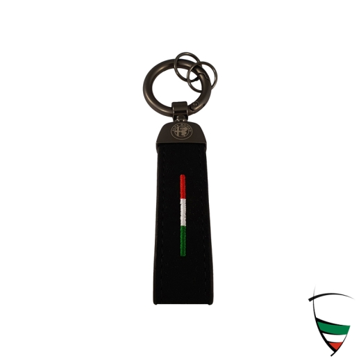 KEY CHAIN TEXTILE BLACK/TRICOLORE 123x22MM WITH CARABINER & TWO KEY RINGS
