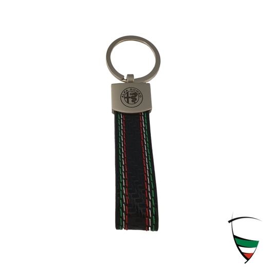 KEY CHAIN FAUX LEATHER BLACK TRICOLORE STITCHING 110x22MM WITH KEY RING